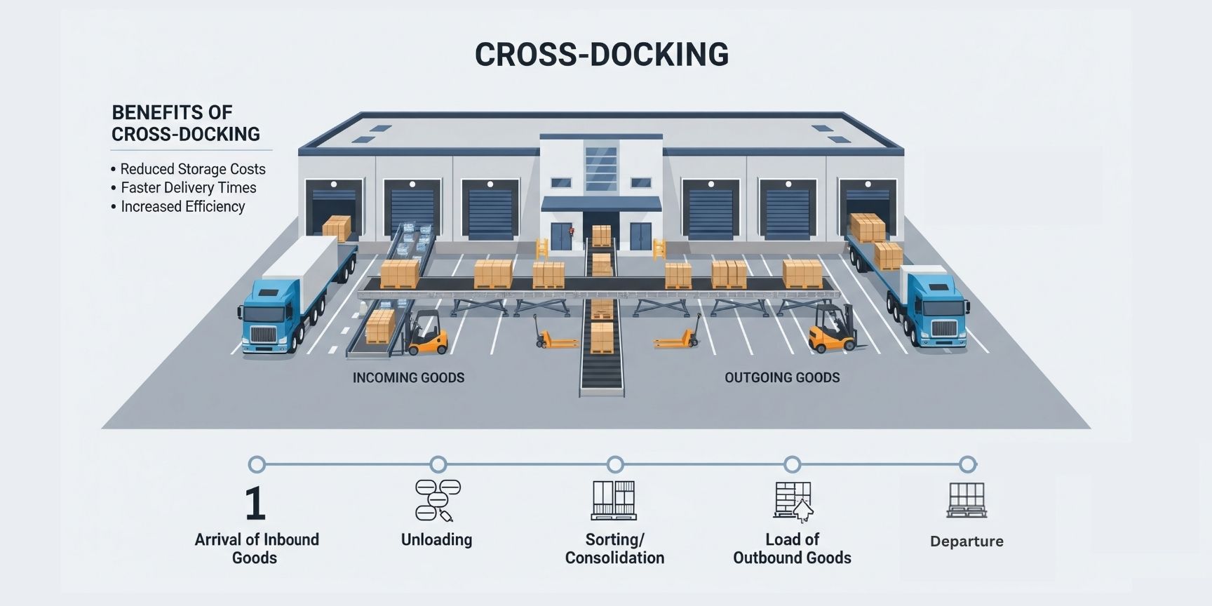 infographic explaining the cross-docking process with the steps of goods receipt, sorting, consolidation and goods issue